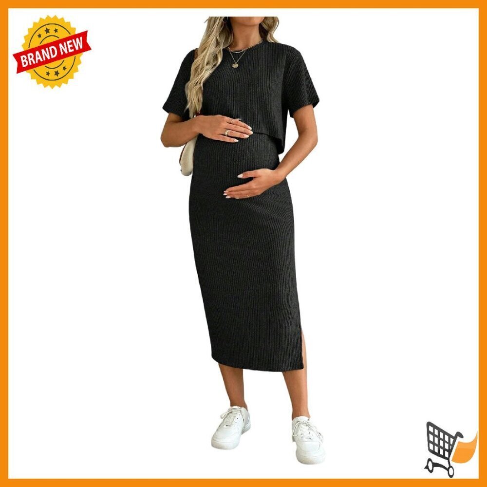 Maternity Ribbed Crop Top Bodycon Skirt Set Size XS-XXL